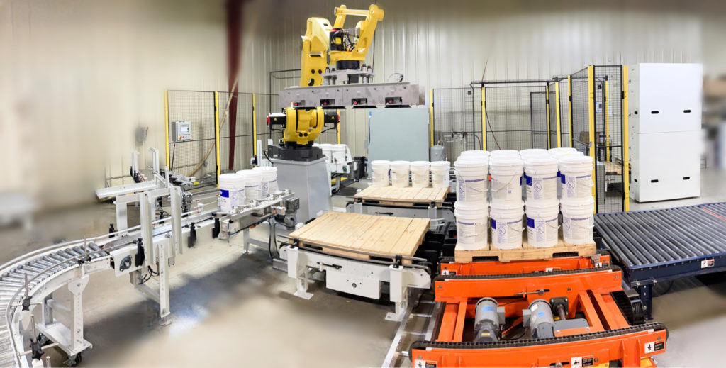 Robotic palletizing automation system handling pails and containers